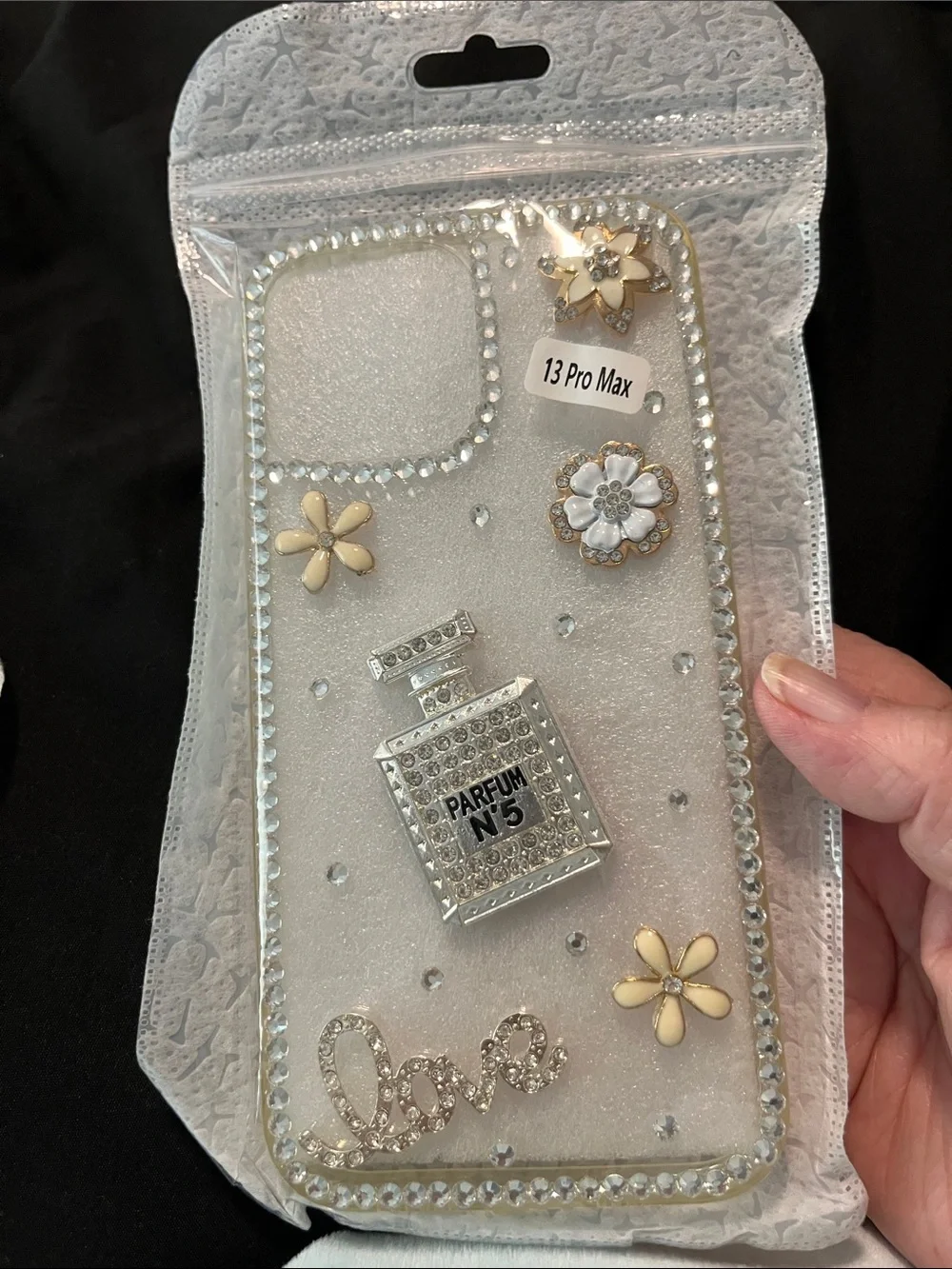 White Rhinestone Parfum Bottle Decorative Phone Case (13 Pro Max)